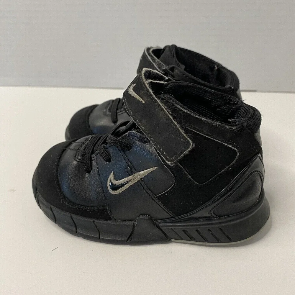 Nike Kids High Top Sneakers Black Leather Athletic Shoes Hook Loop Strap Size 6C